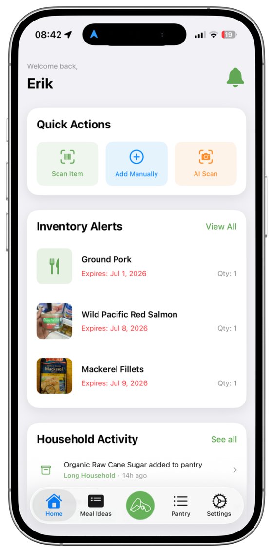 Scantry home screen showing quick actions to scan or add items, plus a list of pantry items with upcoming expiration dates