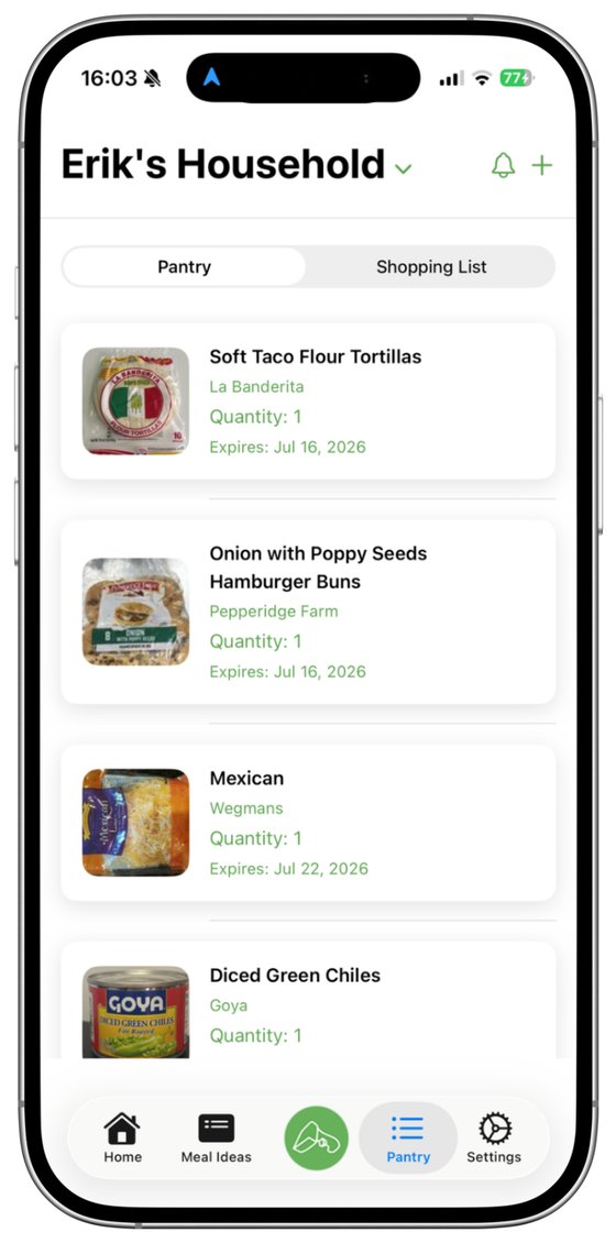Scantry household inventory screen listing pantry items with brand, quantity, and expiration date