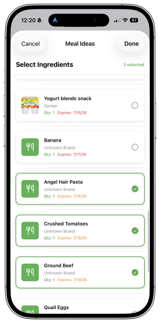Scantry ingredient select screen for meal ideas, with pantry items checked off to include