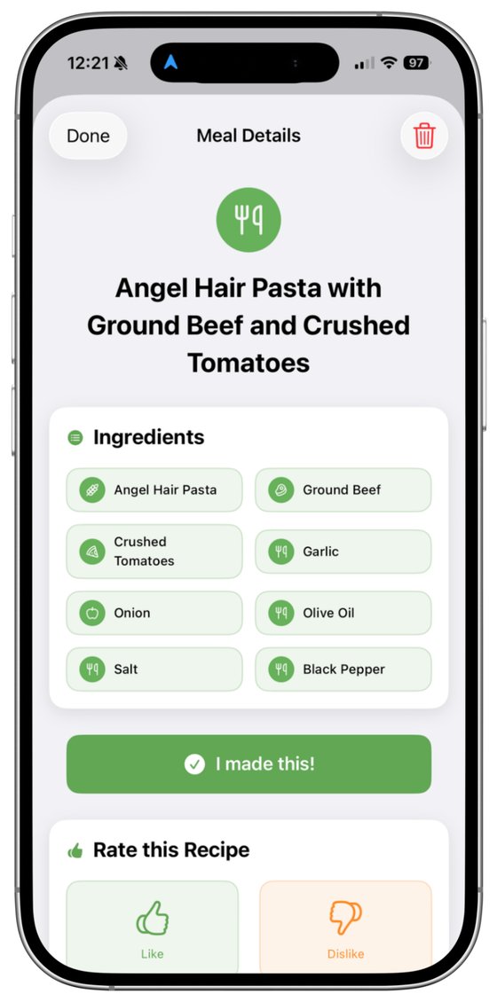 Scantry meal idea view screen showing a generated meal idea, its ingredient list, and rating buttons